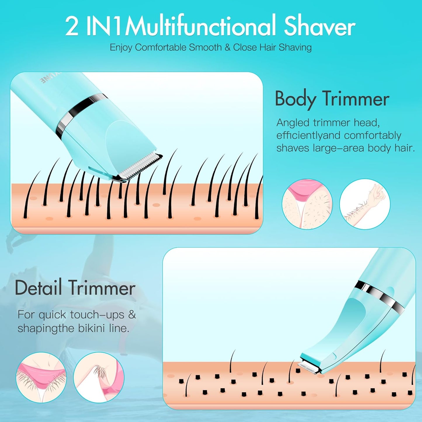 Bikini Trimmer for Women, 2 in 1 Electric Women Pubic Hair Trimmer, Portable Ladies Shaver with 2 Heads Waterproof Wet and Dry Use