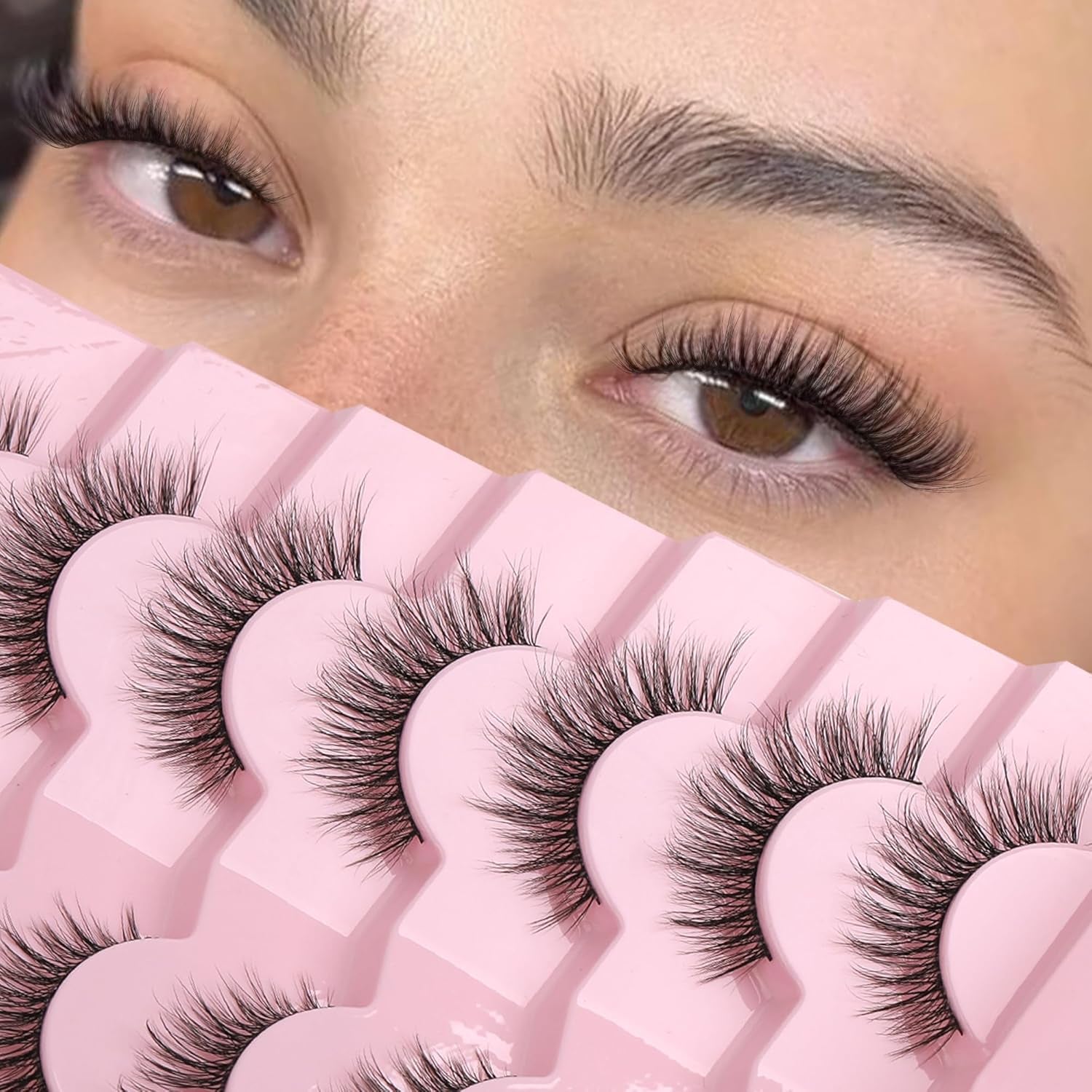 Natural Lashes Wispy Lashes Natural Look False Eyelashes Natural Flared Eyelashes False Eye Lashes Soft Fluffy Lashes 7 Pairs D-K06, Black