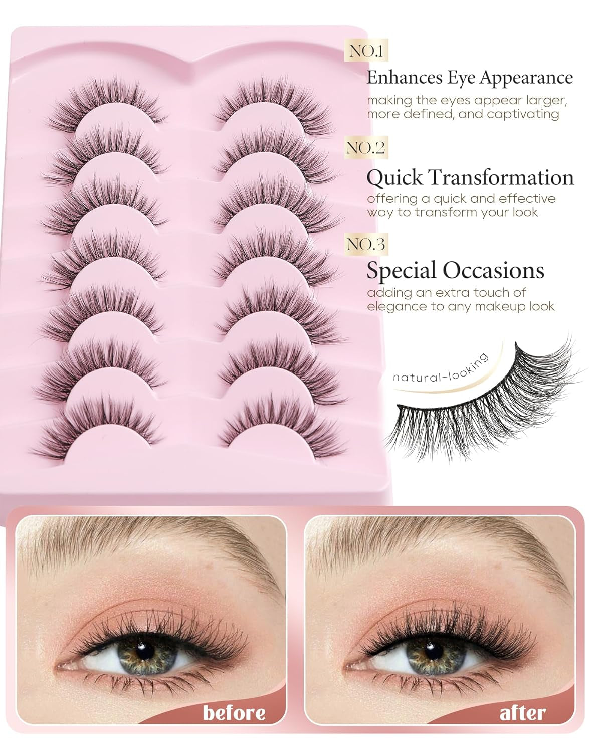 Natural Lashes Wispy Lashes Natural Look False Eyelashes Natural Flared Eyelashes False Eye Lashes Soft Fluffy Lashes 7 Pairs D-K06, Black